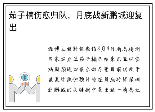 茹子楠伤愈归队，月底战新鹏城迎复出